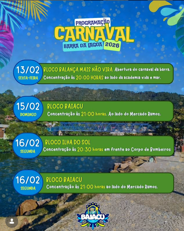 Nos dias 15 e 16 de fevereiro, a Barra da Lagoa recebe o Bloco Baiacu - Barra da Lagoa, em Florianópolis, em frente ao mercado Ramos, a partir das 21h.